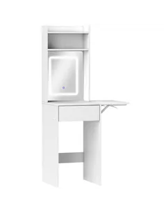 HOMCOM Small Vanity Desk with Mirror and LED Lights, Compact Dressing Table with Drop Leaf, Open Shelves and Drawer, White