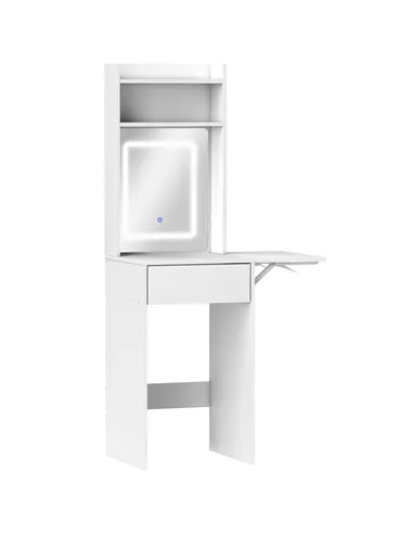 HOMCOM Small Vanity Desk with Mirror and LED Lights, Compact Dressing Table with Drop Leaf, Open Shelves and Drawer, White