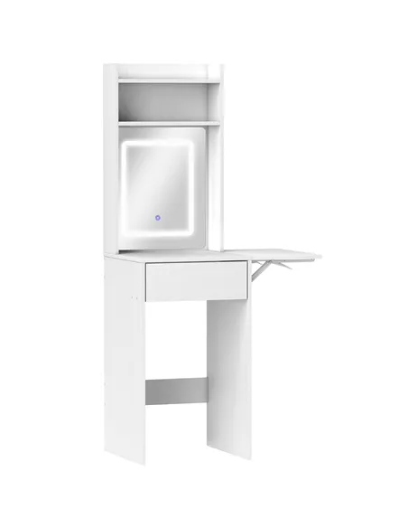 HOMCOM Small Vanity Desk with Mirror and LED Lights, Compact Dressing Table with Drop Leaf, Open Shelves and Drawer, White
