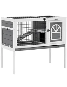 PawHut Wooden Rabbit Hutch, Guinea Pig Cage, with Removable Tray, Openable Roof, Grey