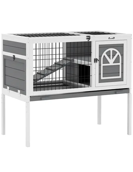 PawHut Wooden Rabbit Hutch, Guinea Pig Cage, with Removable Tray, Openable Roof, Grey