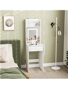 HOMCOM Small Vanity Desk with Mirror and LED Lights, Compact Dressing Table with Drop Leaf, Open Shelves and Drawer, White 2