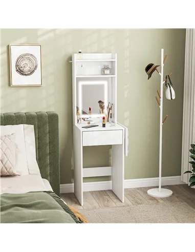 HOMCOM Small Vanity Desk with Mirror and LED Lights, Compact Dressing Table with Drop Leaf, Open Shelves and Drawer, White
