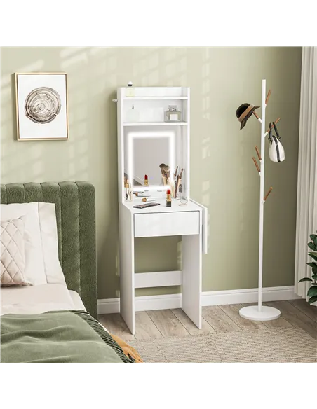 HOMCOM Small Vanity Desk with Mirror and LED Lights, Compact Dressing Table with Drop Leaf, Open Shelves and Drawer, White