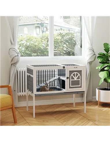 PawHut Wooden Rabbit Hutch, Guinea Pig Cage, with Removable Tray, Openable Roof, Grey