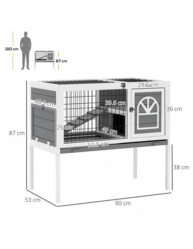 PawHut Wooden Rabbit Hutch, Guinea Pig Cage, with Removable Tray, Openable Roof, Grey