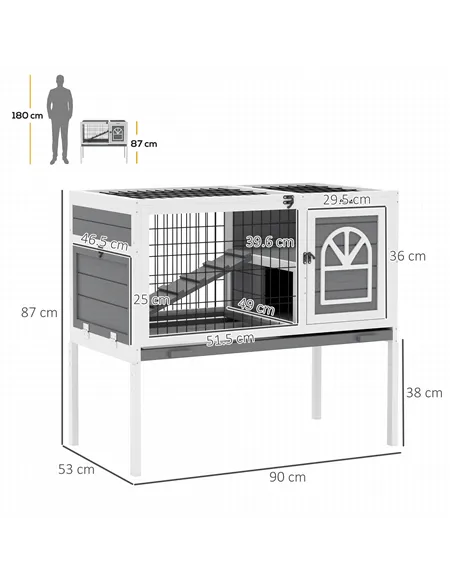 PawHut Wooden Rabbit Hutch, Guinea Pig Cage, with Removable Tray, Openable Roof, Grey