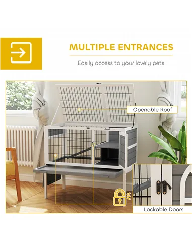 PawHut Wooden Rabbit Hutch, Guinea Pig Cage, with Removable Tray, Openable Roof, Grey