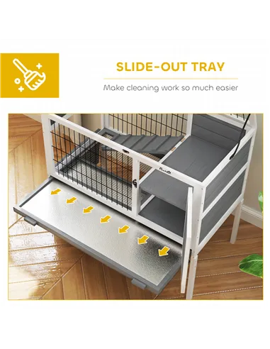 PawHut Wooden Rabbit Hutch, Guinea Pig Cage, with Removable Tray, Openable Roof, Grey