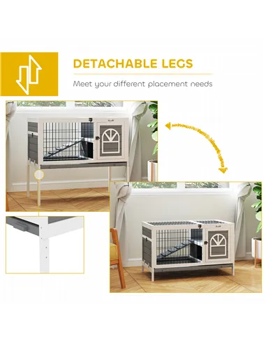 PawHut Wooden Rabbit Hutch, Guinea Pig Cage, with Removable Tray, Openable Roof, Grey