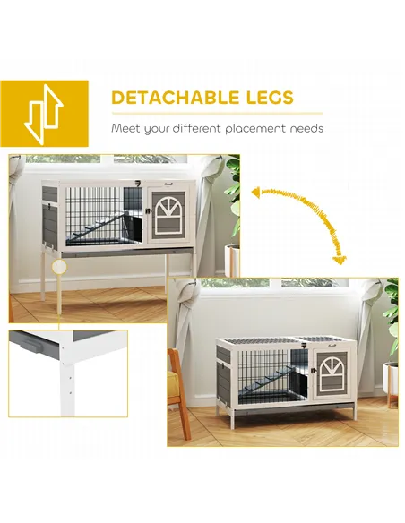 PawHut Wooden Rabbit Hutch, Guinea Pig Cage, with Removable Tray, Openable Roof, Grey