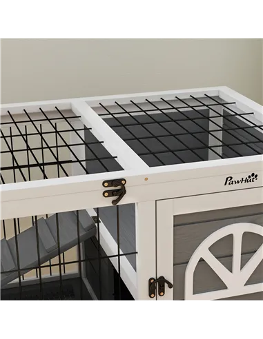 PawHut Wooden Rabbit Hutch, Guinea Pig Cage, with Removable Tray, Openable Roof, Grey