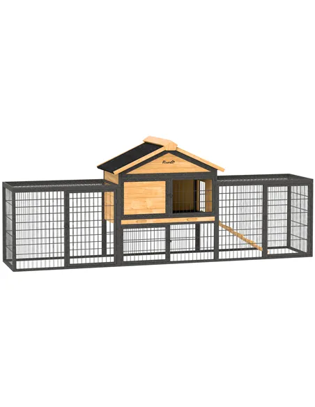 PawHut Wooden Rabbit Hutch Outdoor with Steel Run, Wooden Guinea Pig Cage with Removable Plastic Tray, Asphalt Roof, Ramp