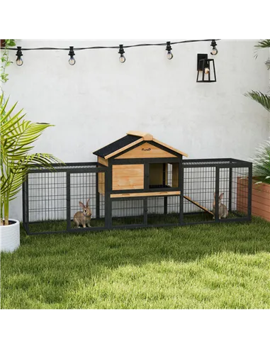 PawHut Wooden Rabbit Hutch Outdoor with Steel Run, Wooden Guinea Pig Cage with Removable Plastic Tray, Asphalt Roof, Ramp