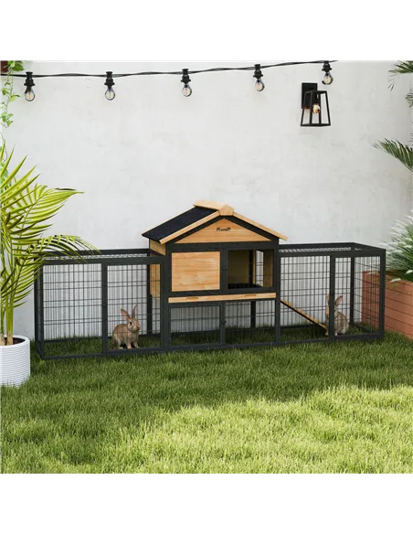PawHut Wooden Rabbit Hutch Outdoor with Steel Run, Wooden Guinea Pig Cage with Removable Plastic Tray, Asphalt Roof, Ramp