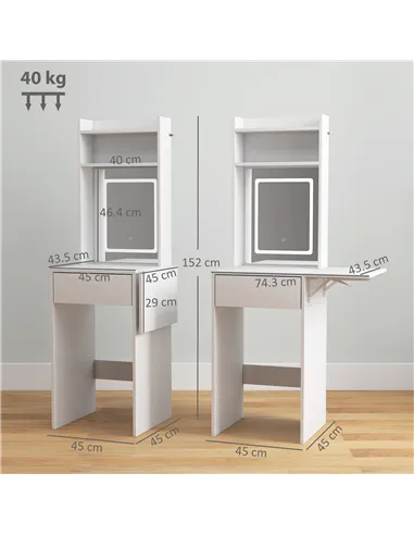 HOMCOM Small Vanity Desk with Mirror and LED Lights, Compact Dressing Table with Drop Leaf, Open Shelves and Drawer, White