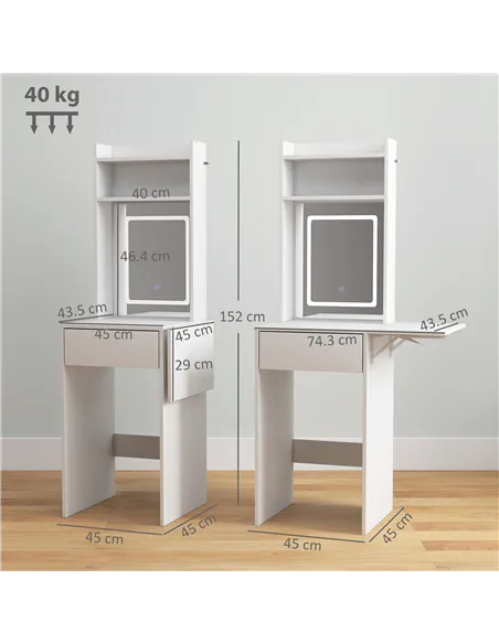 HOMCOM Small Vanity Desk with Mirror and LED Lights, Compact Dressing Table with Drop Leaf, Open Shelves and Drawer, White