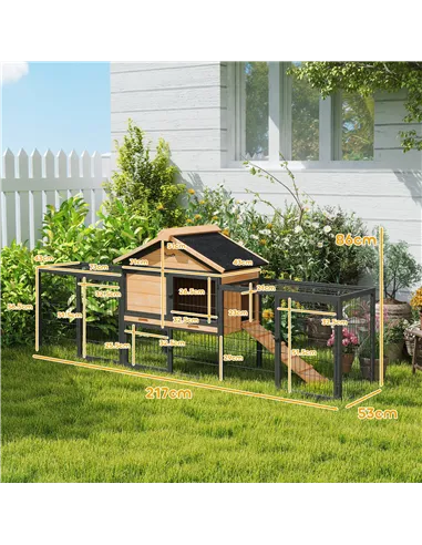 PawHut Wooden Rabbit Hutch Outdoor with Steel Run, Wooden Guinea Pig Cage with Removable Plastic Tray, Asphalt Roof, Ramp
