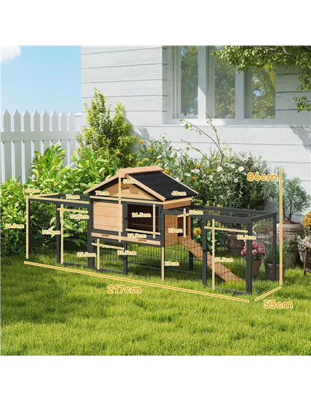 PawHut Wooden Rabbit Hutch Outdoor with Steel Run, Wooden Guinea Pig Cage with Removable Plastic Tray, Asphalt Roof, Ramp