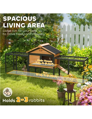 PawHut Wooden Rabbit Hutch Outdoor with Steel Run, Wooden Guinea Pig Cage with Removable Plastic Tray, Asphalt Roof, Ramp