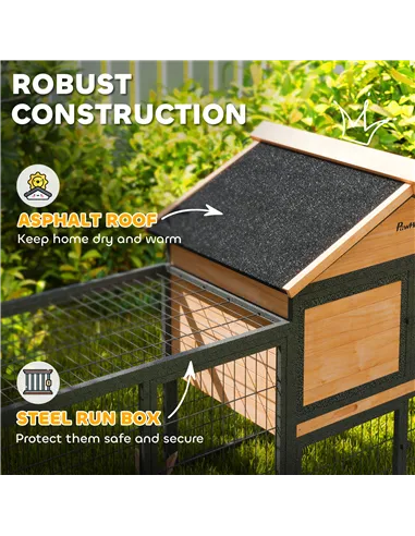 PawHut Wooden Rabbit Hutch Outdoor with Steel Run, Wooden Guinea Pig Cage with Removable Plastic Tray, Asphalt Roof, Ramp