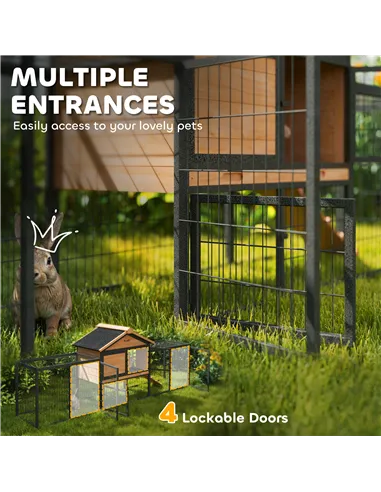 PawHut Wooden Rabbit Hutch Outdoor with Steel Run, Wooden Guinea Pig Cage with Removable Plastic Tray, Asphalt Roof, Ramp