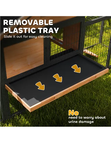PawHut Wooden Rabbit Hutch Outdoor with Steel Run, Wooden Guinea Pig Cage with Removable Plastic Tray, Asphalt Roof, Ramp
