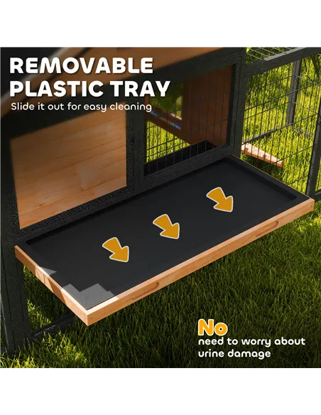 PawHut Wooden Rabbit Hutch Outdoor with Steel Run, Wooden Guinea Pig Cage with Removable Plastic Tray, Asphalt Roof, Ramp