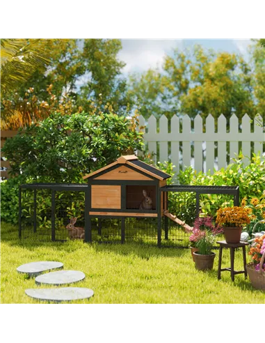 PawHut Wooden Rabbit Hutch Outdoor with Steel Run, Wooden Guinea Pig Cage with Removable Plastic Tray, Asphalt Roof, Ramp