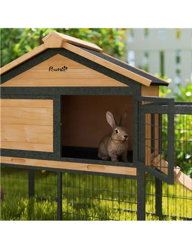 PawHut Wooden Rabbit Hutch Outdoor with Steel Run, Wooden Guinea Pig Cage with Removable Plastic Tray, Asphalt Roof, Ramp
