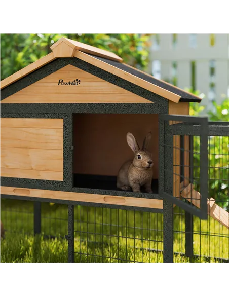 PawHut Wooden Rabbit Hutch Outdoor with Steel Run, Wooden Guinea Pig Cage with Removable Plastic Tray, Asphalt Roof, Ramp
