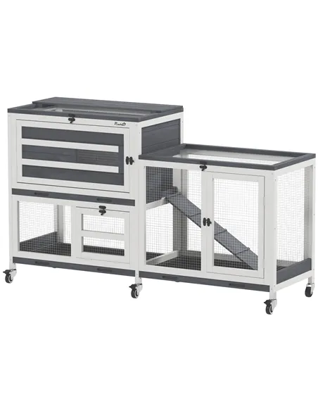 PawHut Wooden Rabbit Hutch with Run, 2-Tier Guinea Pig Hutch with Run, Wheels, 3 Plastic Trays, 2 Openable Top, for 2-3 Rabbits