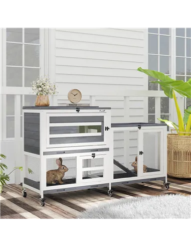 PawHut Wooden Rabbit Hutch with Run, 2-Tier Guinea Pig Hutch with Run, Wheels, 3 Plastic Trays, 2 Openable Top, for 2-3 Rabbits