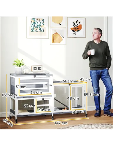 PawHut Wooden Rabbit Hutch with Run, 2-Tier Guinea Pig Hutch with Run, Wheels, 3 Plastic Trays, 2 Openable Top, for 2-3 Rabbits