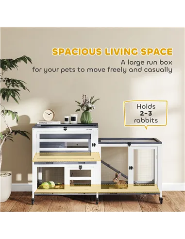 PawHut Wooden Rabbit Hutch with Run, 2-Tier Guinea Pig Hutch with Run, Wheels, 3 Plastic Trays, 2 Openable Top, for 2-3 Rabbits