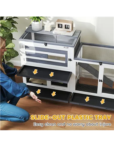 PawHut Wooden Rabbit Hutch with Run, 2-Tier Guinea Pig Hutch with Run, Wheels, 3 Plastic Trays, 2 Openable Top, for 2-3 Rabbits