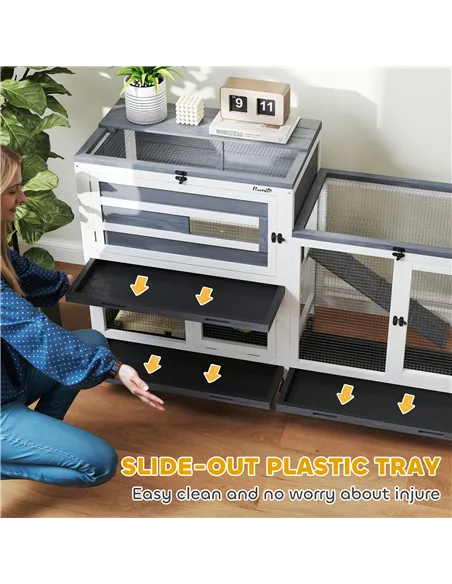 PawHut Wooden Rabbit Hutch with Run, 2-Tier Guinea Pig Hutch with Run, Wheels, 3 Plastic Trays, 2 Openable Top, for 2-3 Rabbits