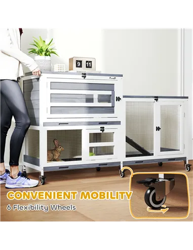 PawHut Wooden Rabbit Hutch with Run, 2-Tier Guinea Pig Hutch with Run, Wheels, 3 Plastic Trays, 2 Openable Top, for 2-3 Rabbits