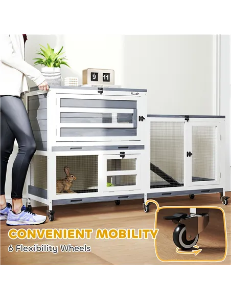 PawHut Wooden Rabbit Hutch with Run, 2-Tier Guinea Pig Hutch with Run, Wheels, 3 Plastic Trays, 2 Openable Top, for 2-3 Rabbits