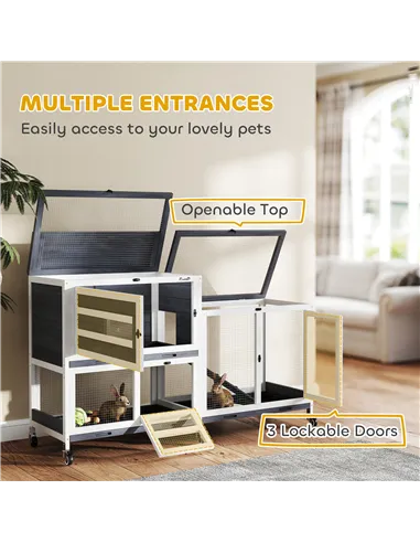 PawHut Wooden Rabbit Hutch with Run, 2-Tier Guinea Pig Hutch with Run, Wheels, 3 Plastic Trays, 2 Openable Top, for 2-3 Rabbits