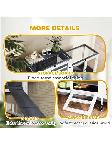 PawHut Wooden Rabbit Hutch with Run, 2-Tier Guinea Pig Hutch with Run, Wheels, 3 Plastic Trays, 2 Openable Top, for 2-3 Rabbits