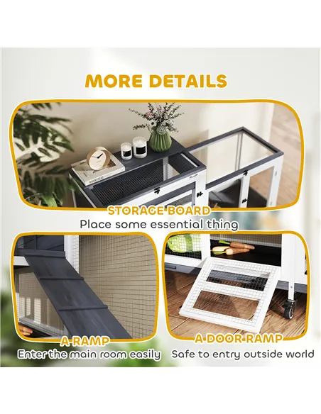 PawHut Wooden Rabbit Hutch with Run, 2-Tier Guinea Pig Hutch with Run, Wheels, 3 Plastic Trays, 2 Openable Top, for 2-3 Rabbits