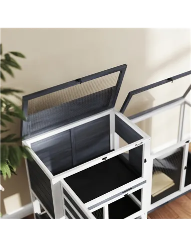 PawHut Wooden Rabbit Hutch with Run, 2-Tier Guinea Pig Hutch with Run, Wheels, 3 Plastic Trays, 2 Openable Top, for 2-3 Rabbits