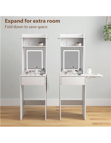 HOMCOM Small Vanity Desk with Mirror and LED Lights, Compact Dressing Table with Drop Leaf, Open Shelves and Drawer, White