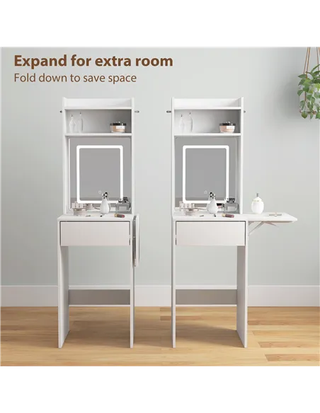 HOMCOM Small Vanity Desk with Mirror and LED Lights, Compact Dressing Table with Drop Leaf, Open Shelves and Drawer, White
