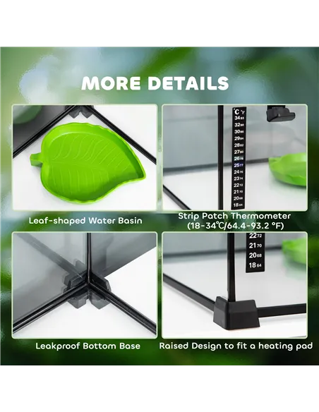 PawHut Glass Reptile Terrarium Insect Breeding Tank Vivarium Habitats with Thermometer for Lizards, Horned Frogs, Snakes, Spider