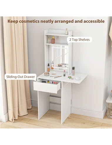 HOMCOM Small Vanity Desk with Mirror and LED Lights, Compact Dressing Table with Drop Leaf, Open Shelves and Drawer, White