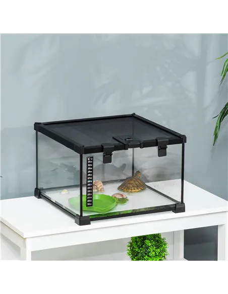 PawHut Glass Reptile Terrarium Insect Breeding Tank Vivarium Habitats with Thermometer for Lizards, Horned Frogs, Snakes, Spider