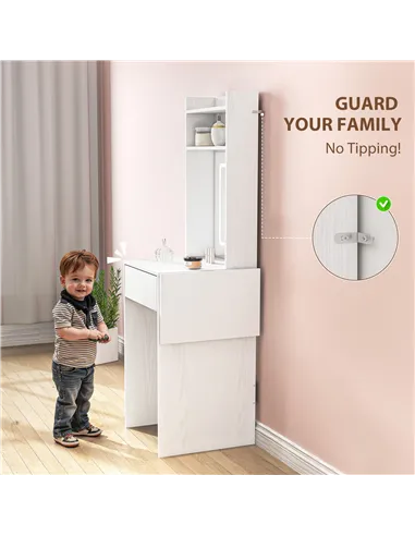 HOMCOM Small Vanity Desk with Mirror and LED Lights, Compact Dressing Table with Drop Leaf, Open Shelves and Drawer, White