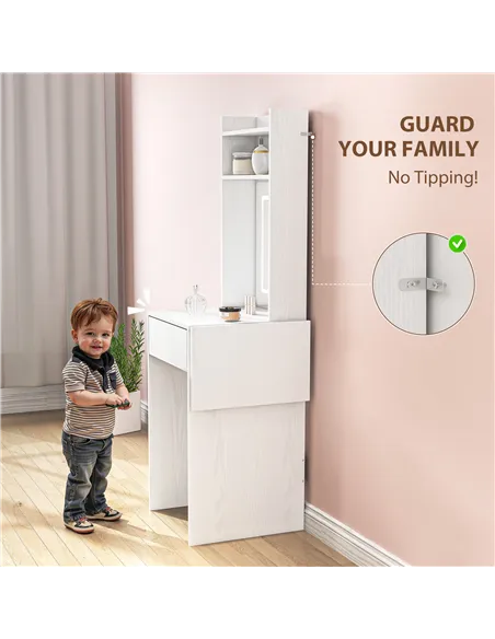 HOMCOM Small Vanity Desk with Mirror and LED Lights, Compact Dressing Table with Drop Leaf, Open Shelves and Drawer, White